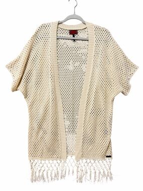 Celsius Open-Knit Fringe Cardigan Sweater Medium Cream Kimono Coverup Festival